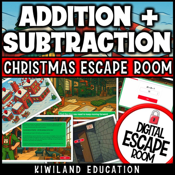 Christmas-themed 2-digit addition and subtraction escape room puzzle screen