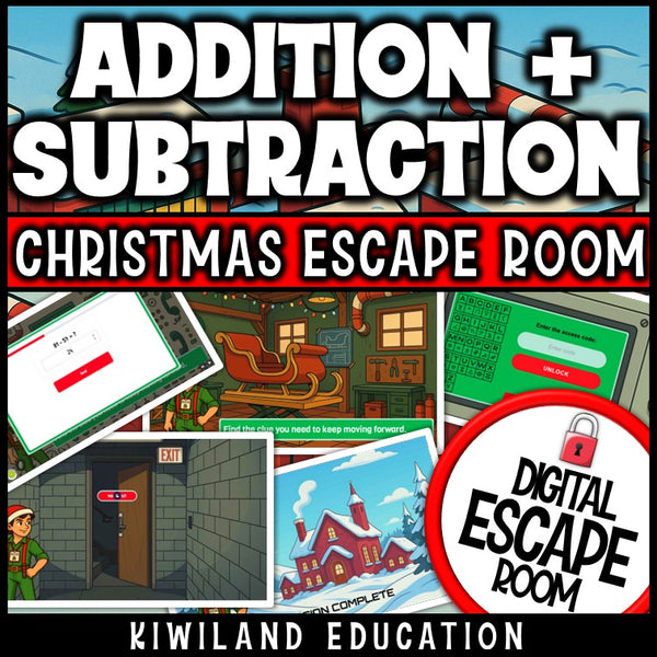 Self-checking Christmas math facts escape room challenge for grades 2 to 4