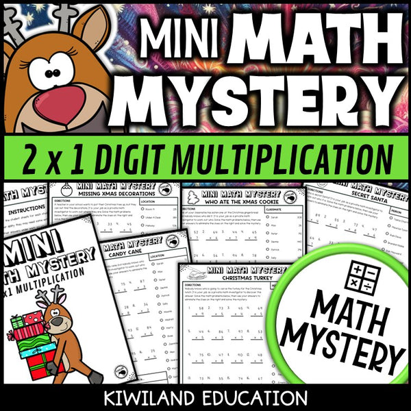 Christmas 2-digit by 1-digit multiplication math mystery worksheets cover