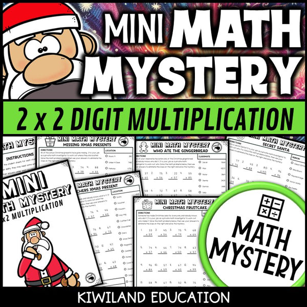 Christmas 2-digit by 2-digit multiplication math mystery worksheets cover