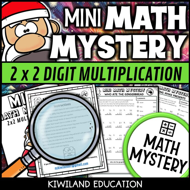 Christmas 2-digit by 2-digit multiplication math mystery worksheet sample page