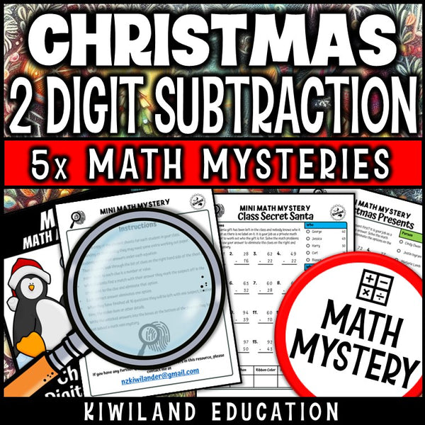 Christmas 2-digit subtraction with regrouping math mystery worksheet sample pages