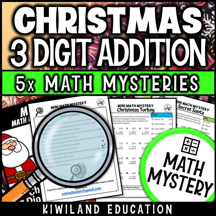Christmas 3-digit addition with regrouping math mystery worksheet sample pages
