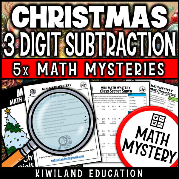 Christmas 3-digit subtraction math mystery worksheet sample pages