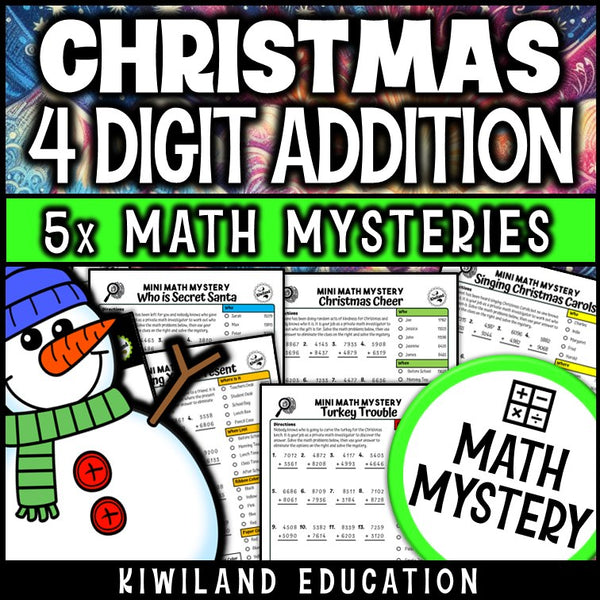 Christmas 4-Digit Addition with Regrouping Math Mystery worksheets cover - 5 printable detective cases
