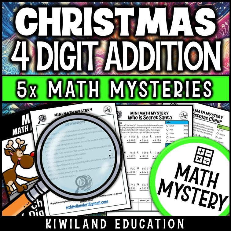 Christmas 4-digit addition with regrouping math mystery worksheet sample pages