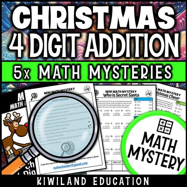 Christmas 4-digit addition with regrouping math mystery worksheet sample pages