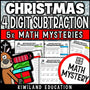 Christmas 4-Digit Subtraction with Regrouping Math Mystery worksheets cover - 5 printable detective cases