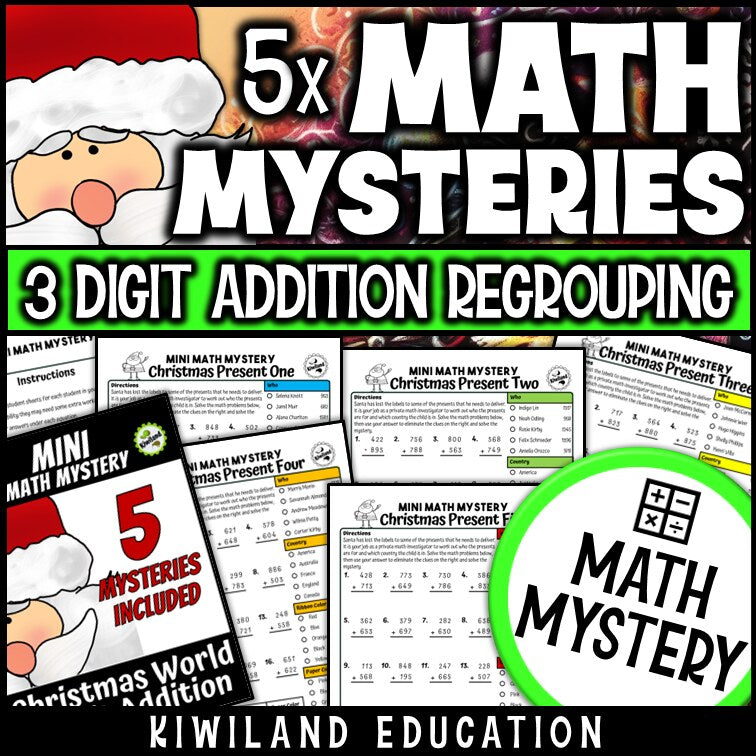 Christmas Around the World 3-digit addition with regrouping math mystery worksheets cover