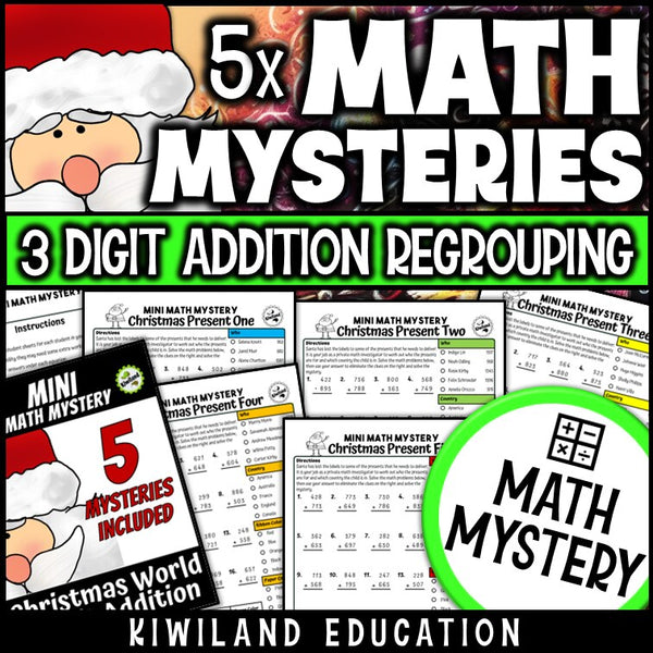 Christmas Around the World 3-digit addition with regrouping math mystery worksheets cover
