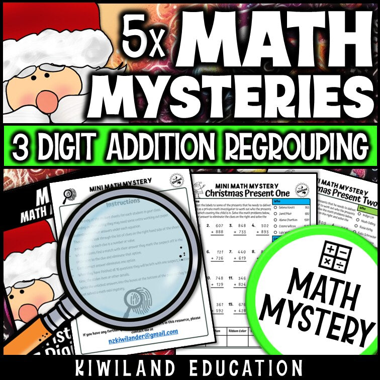 3-digit addition with regrouping Christmas math mystery worksheet sample pages