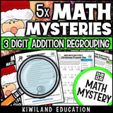 3-digit addition with regrouping Christmas math mystery worksheet sample pages