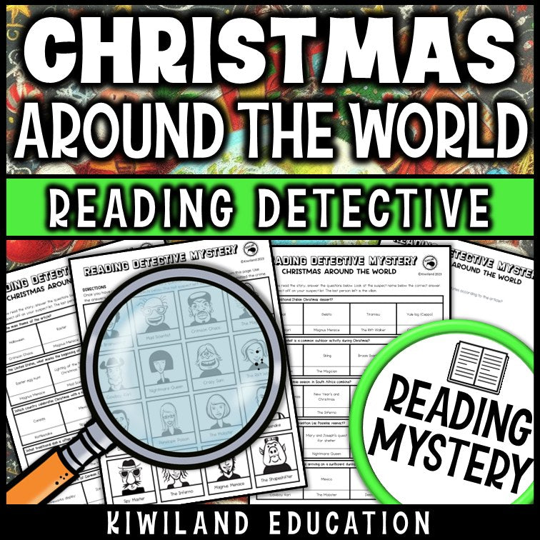 Christmas around the world reading mystery comprehension questions worksheet with suspect line-up