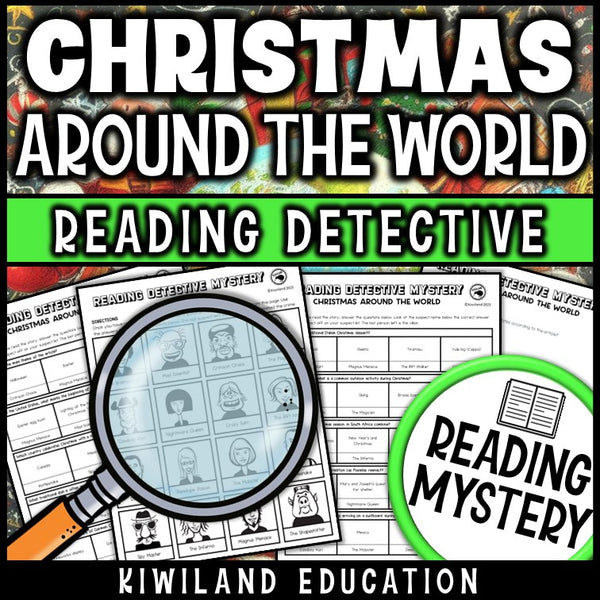 Christmas around the world reading mystery comprehension questions worksheet with suspect line-up