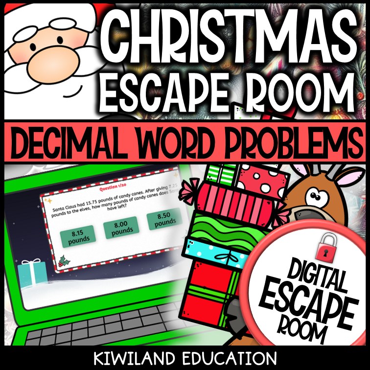 Decimals word problems Christmas digital escape room cover