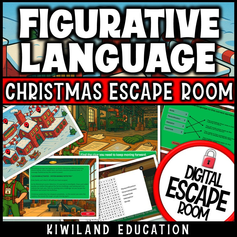 Christmas-themed figurative language escape room puzzle screen