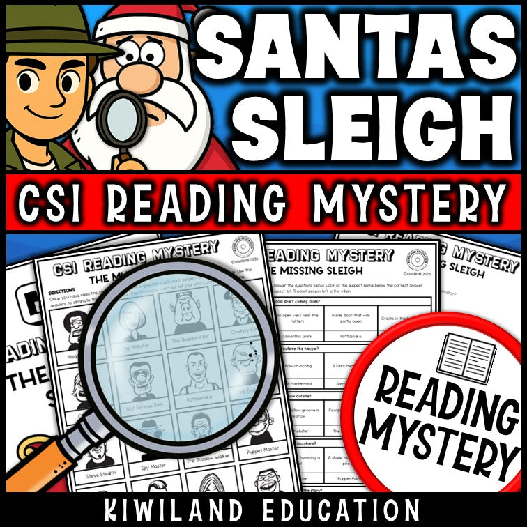 Christmas reading mystery comprehension questions worksheet with suspect line-up