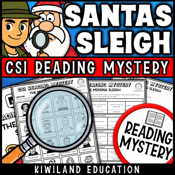 Christmas reading mystery comprehension questions worksheet with suspect line-up