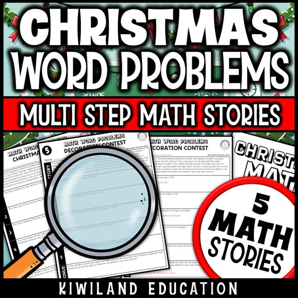 Christmas addition subtraction multiplication division word problem worksheets - printable December math centers activity grades 4-5