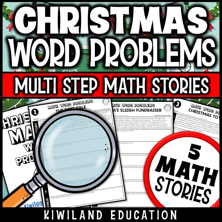 Christmas multi-step math word problem sample story worksheet grade 5 - festive real-world math stories with bonus questions
