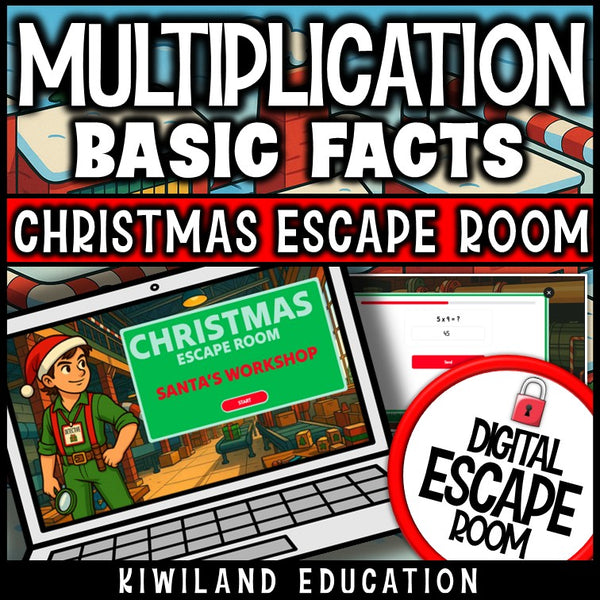 Christmas multiplication 10x times tables digital escape room cover, grades 2–4 math