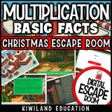 Christmas-themed multiplication facts escape room puzzle screen