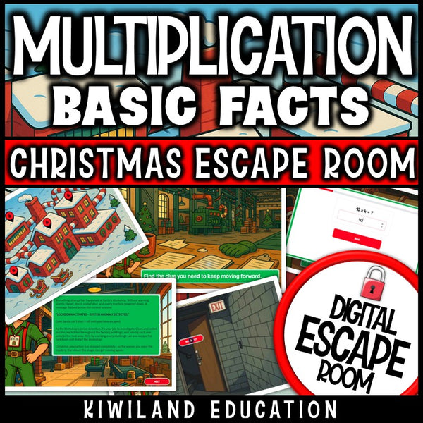 Christmas-themed multiplication facts escape room puzzle screen