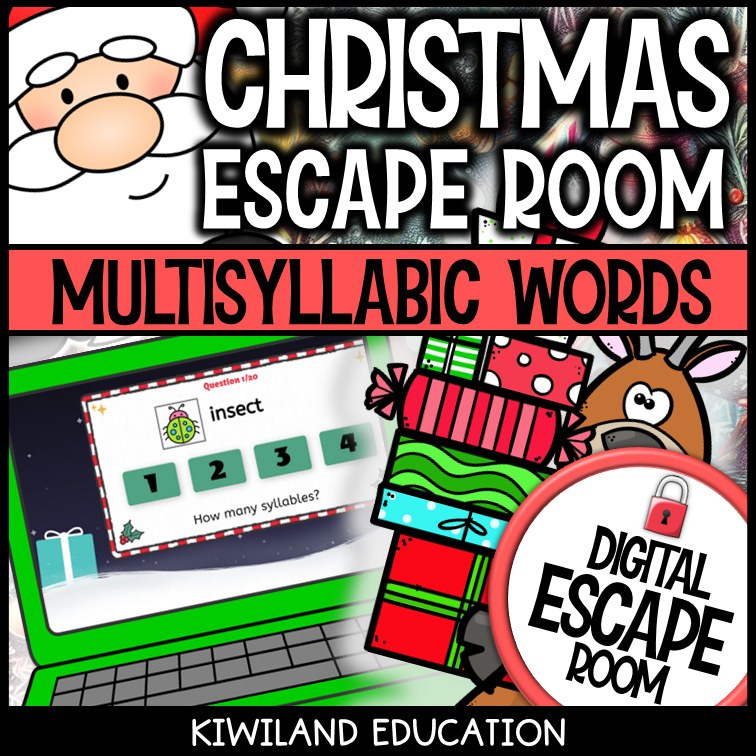 Multisyllabic Words Christmas digital escape room for Grades 2-4