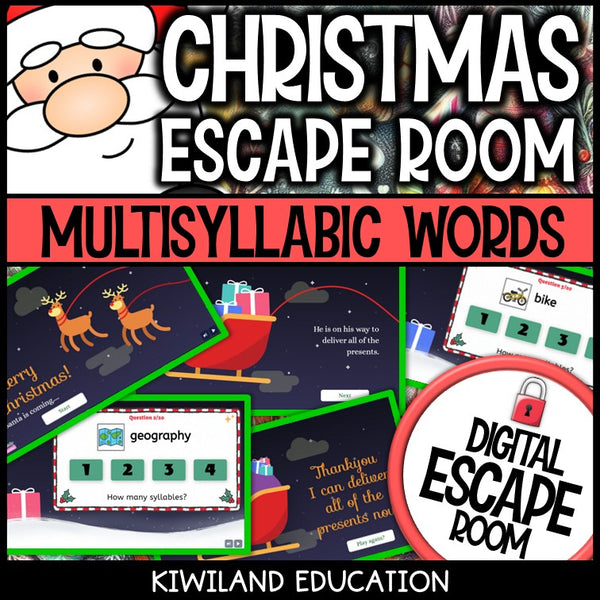 Christmas multisyllabic words escape room puzzle screen