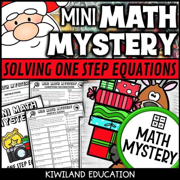 Christmas solving one-step equations math mystery worksheets cover