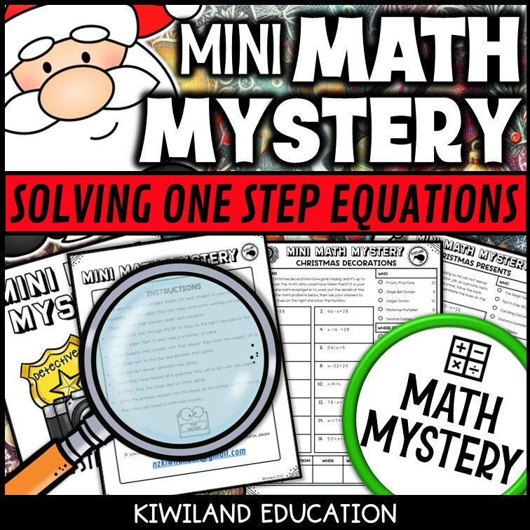 Christmas one-step equations math mystery worksheet sample page