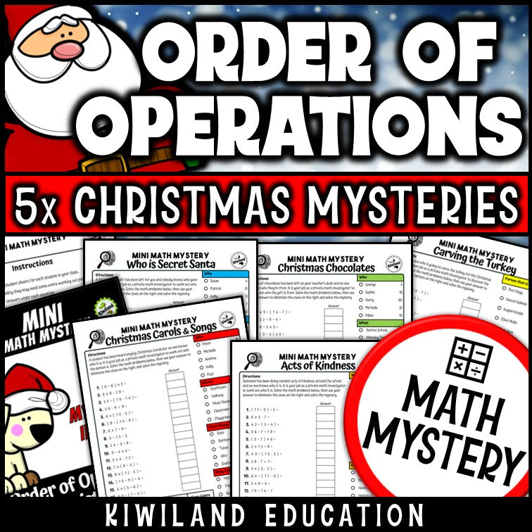 Christmas order of operations PEMDAS math mystery worksheets cover
