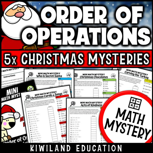 Christmas order of operations PEMDAS math mystery worksheets cover