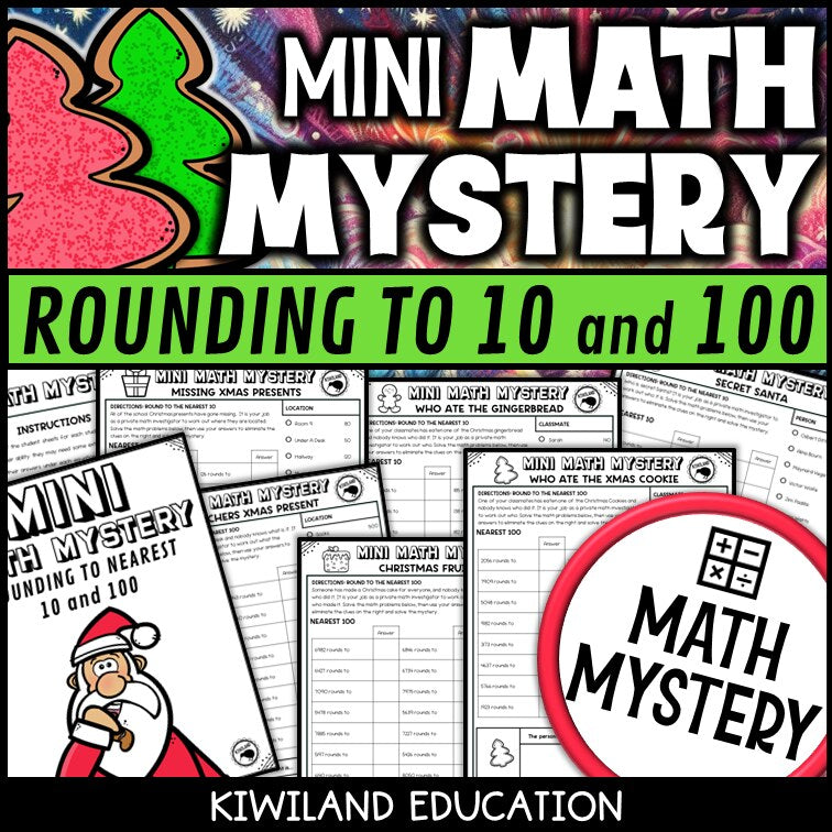 Christmas rounding to the nearest 10 and 100 math mystery worksheets cover