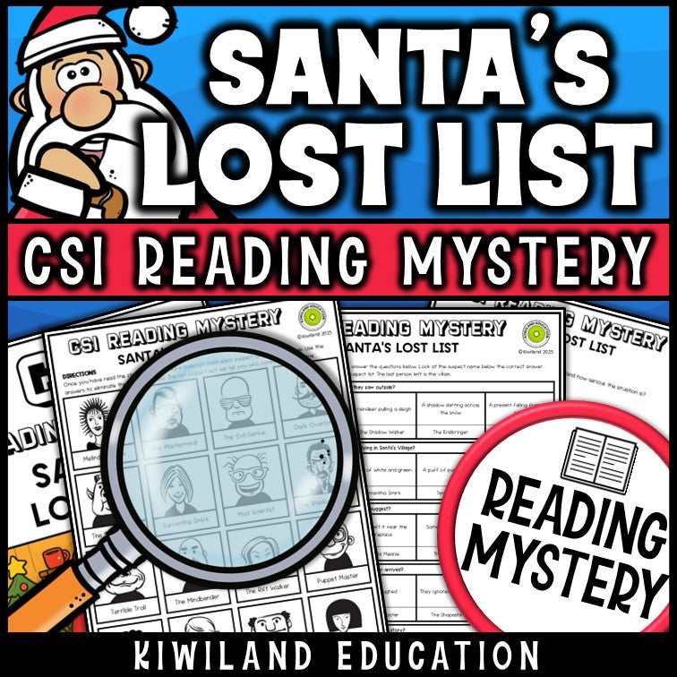 Christmas reading mystery comprehension questions worksheet with suspect line-up