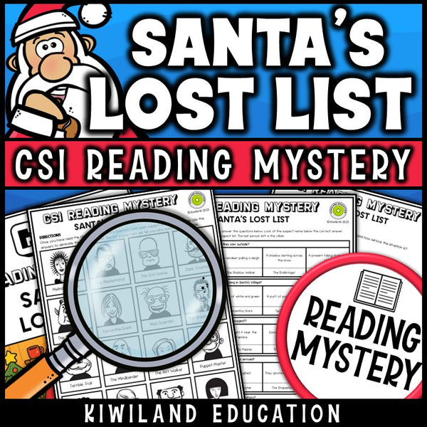 Christmas reading mystery comprehension questions worksheet with suspect line-up