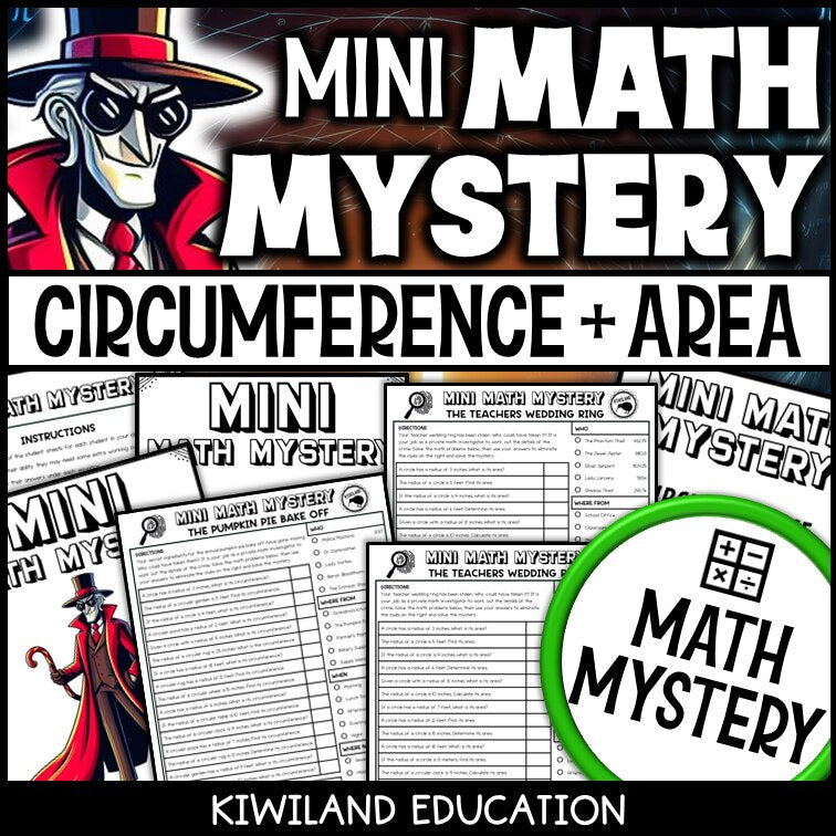 Circumference and area of a circle math mystery worksheets cover