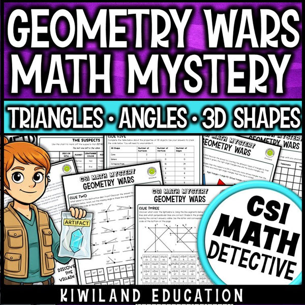 Classifying Shapes, Triangles and Angles CSI Math Mystery cover - Geometry Wars, Grades 4-6