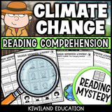 Climate change reading mystery comprehension questions worksheet with suspect line-up