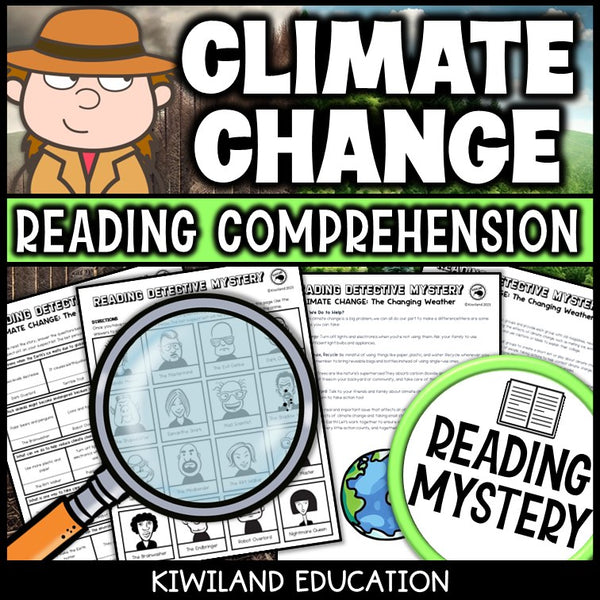 Climate change reading mystery comprehension questions worksheet with suspect line-up