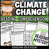 Climate change reading mystery comprehension activity cover for grades 3-6