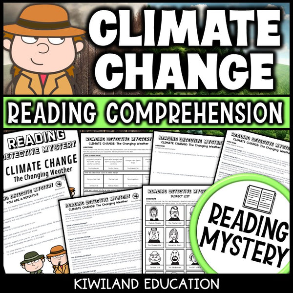 Climate change reading mystery comprehension activity cover for grades 3-6