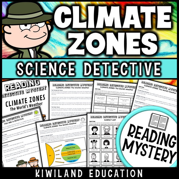 Climate zones and weather science reading mystery cover for grades 3-6