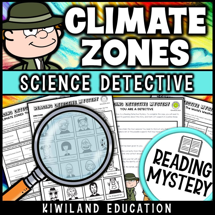 Climate zones reading mystery comprehension questions worksheet with suspect line-up
