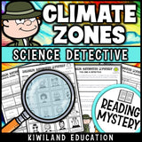 Climate zones reading mystery comprehension questions worksheet with suspect line-up