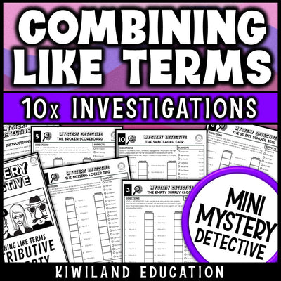 Combining like terms and distributive property worksheets mystery detective