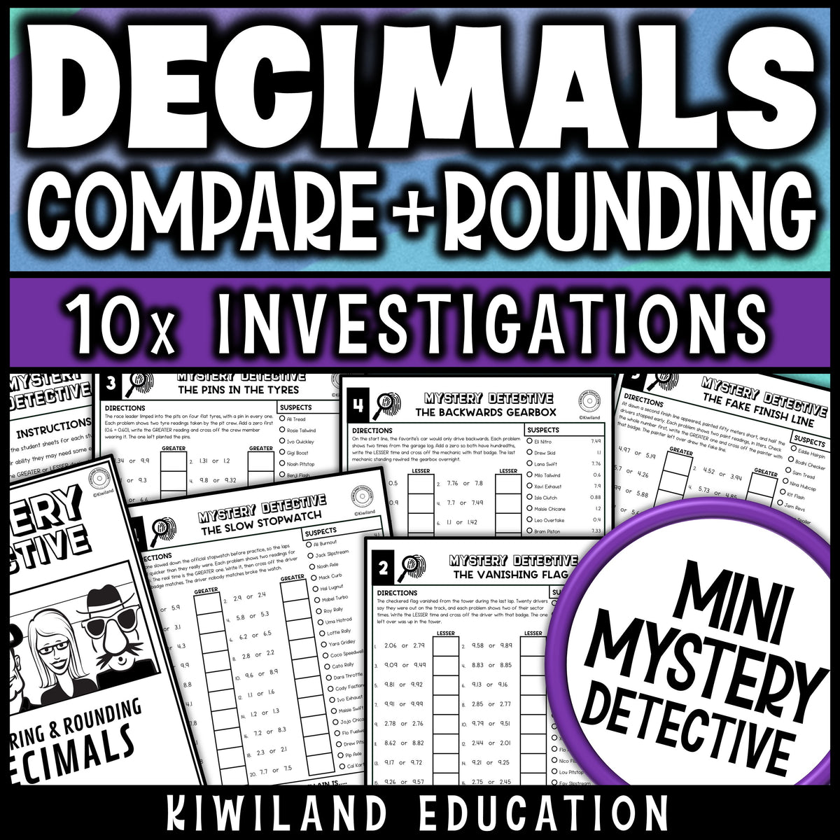 Comparing and rounding decimals worksheets for 4th grade math, ten no prep printable detective cases where students compare decimals and cross suspects off the list
