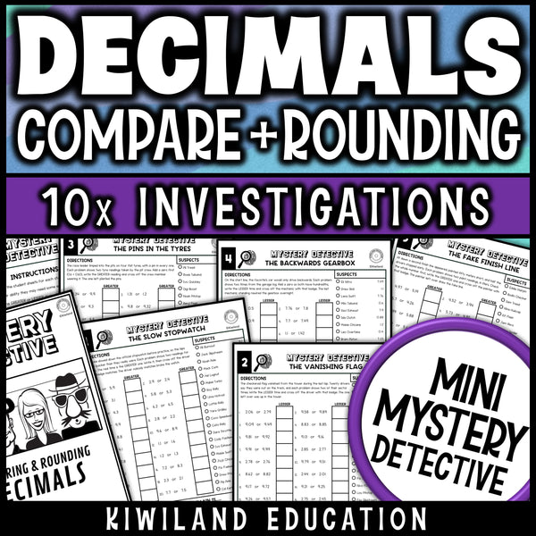 Comparing and rounding decimals worksheets for 4th grade math, ten no prep printable detective cases where students compare decimals and cross suspects off the list