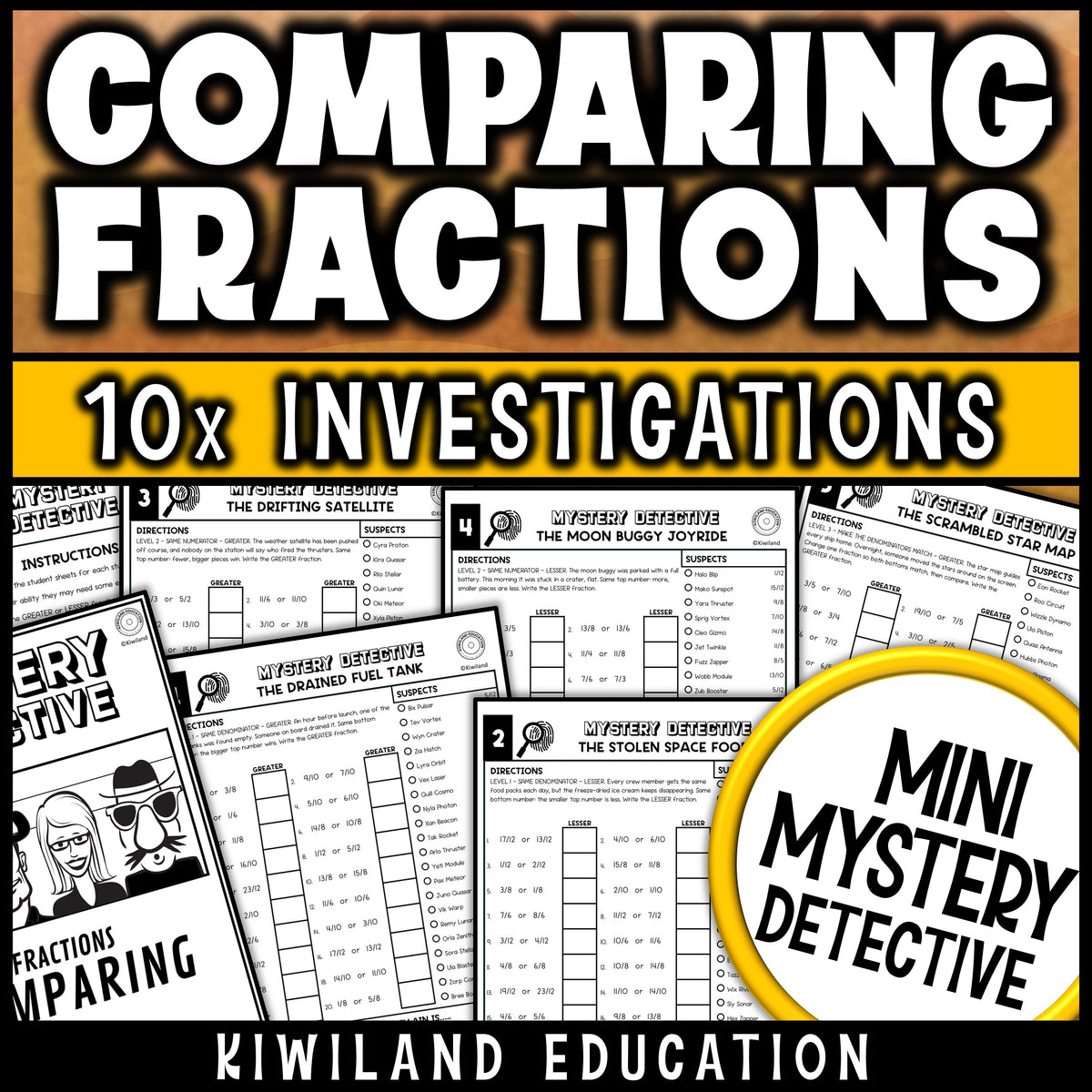 Comparing fractions worksheets for 4th grade math, ten no prep printable detective cases where students write the greater or lesser fraction and cross suspects off the list
