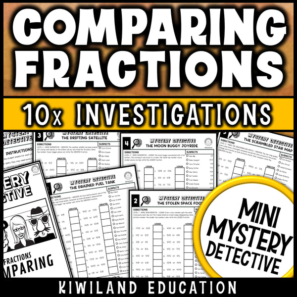 Comparing fractions worksheets for 4th grade math, ten no prep printable detective cases where students write the greater or lesser fraction and cross suspects off the list